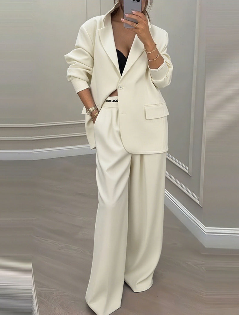 Solid color stylish suit elastic waist wide-leg pants two-piece set