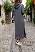 Large Pocket Zipper Hem Knitted Hooded Fleece Long Sweater Dress
