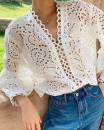 Cotton embroidered collarless cutout white shirt