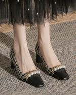 Pearl-Embellished Chunky Heel Plaid Velvet Shoes