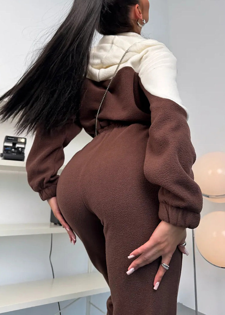 Color-blocked zipper fleece long-sleeved hooded jumpsuit