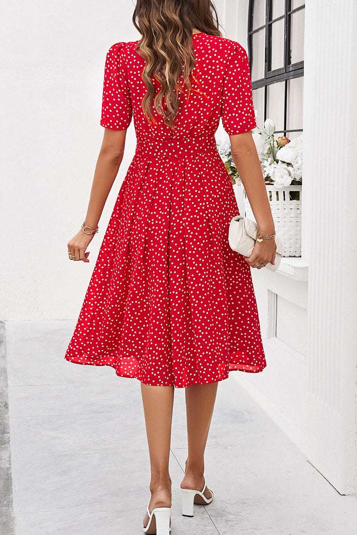 Rundhalsausschnitt, Kurzarm, Taillengürtel, Poled Dot-Kleid