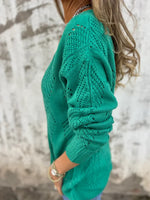 Reversible hollow leaf pattern V-neck long-sleeved knitted sweater