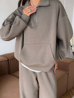 Zippered half-high collar pullover sweatshirt and wide-leg pants two-piece suit