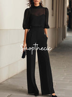 Black sheer mesh suspender wide-leg pants suit