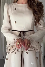 White long-sleeved chiffon butterfly embroidery dress