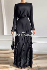 Long-sleeved top with ruffled hem and fitted long skirt two-piece set
