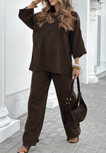 Solid color round neck linen cotton top with lace-up loose pants two piece set