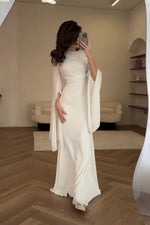 Mesh flared sleeves satin long slim dress