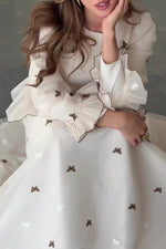 White long-sleeved chiffon butterfly embroidery dress