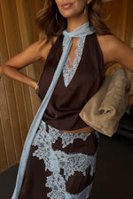 Satin paneled sleeveless top and skirt two-piece set