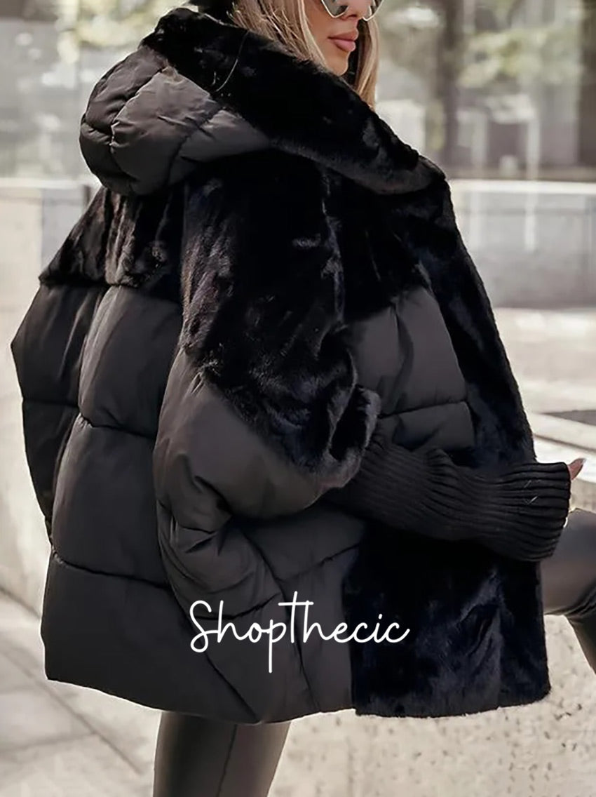 Elasticated sleeves plush trim hooded cotton jacket