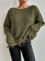 Solid color round neck ripped design loose knit sweater