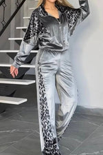 Suede leopard print contrast long-sleeved jacket and wide-leg pants two-piece set