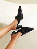 Square high heel pointed toe lace-up stitching mules