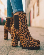 Suede round-toe leopard print chunky high-heeled short riding boots