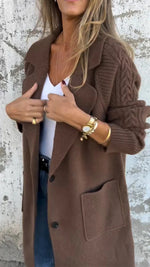 Cable-knit sleeves lapel long knitted coat