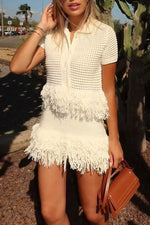 Tassel Short-Sleeved Knit Jacket High-Waisted Miniskirt Set