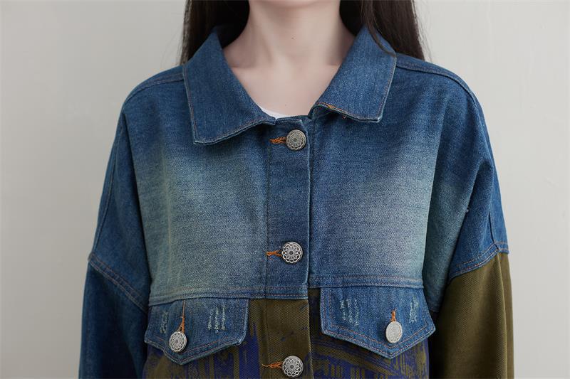 Knee-length patchwork denim trench coat