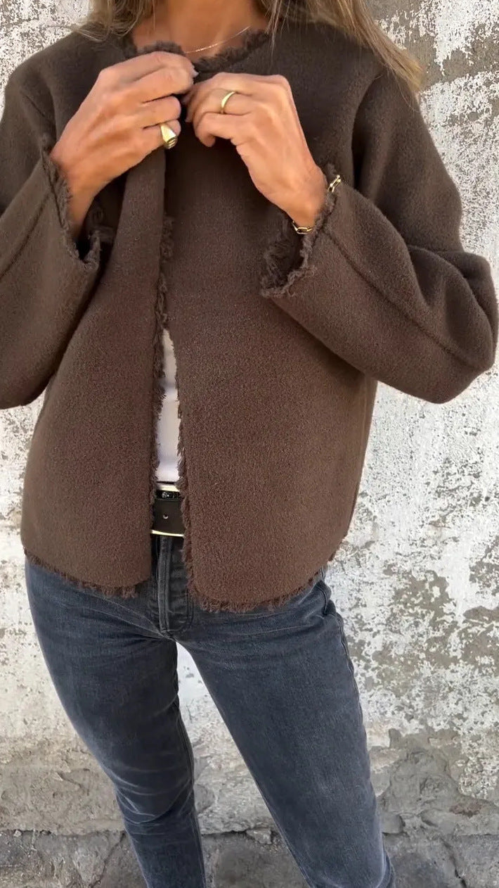Round neck long-sleeved frosted edges woolen coat