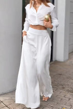 Weißer eleganter kurzer Hemd-Oberteil-Hosenanzug mit weitem Bein