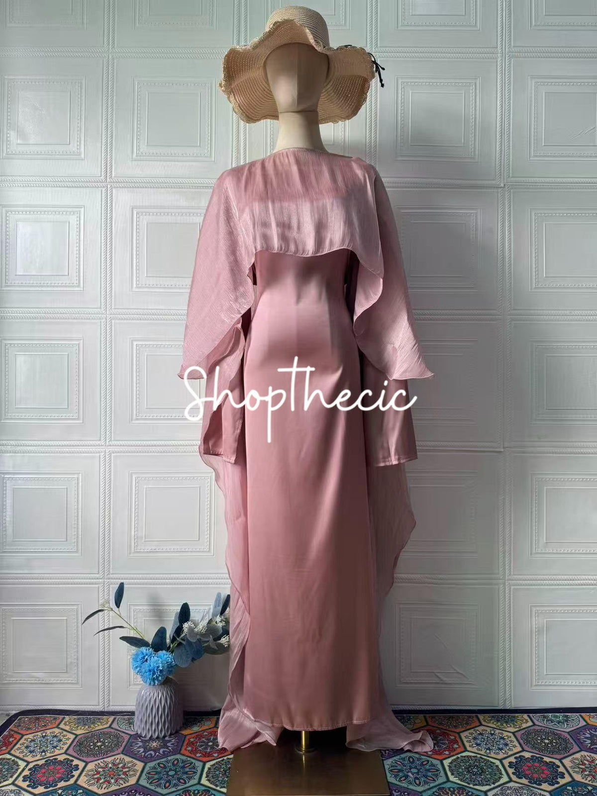 Elegant pink silk long dress with shawl