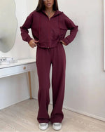 Zippered hooded sweatshirt and lace-up trousers two-piece set