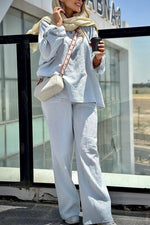 Long-sleeved lapel loose wrinkled shirt and wide-leg pants suit