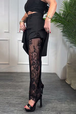 Lace-lined side slits lace-up loose-fitting trousers