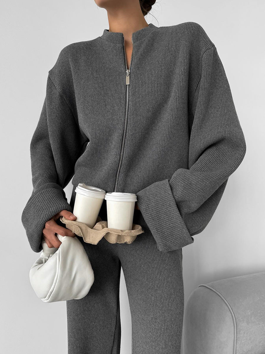 Ensemble veste à manches longues et pantalon large en tricot avec fermeture éclair