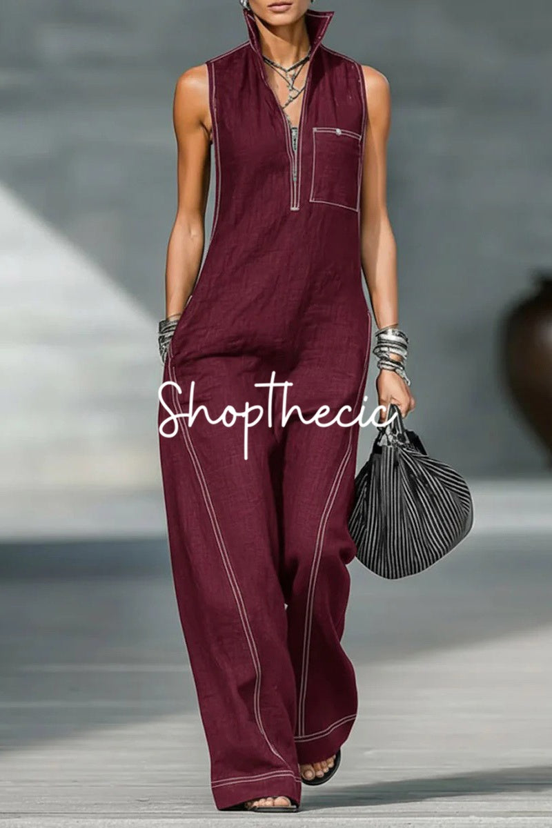 Minimalist Stand Collar Trim Sleeveless Jumpsuit