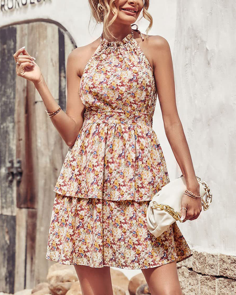 Neckholder-Kleid mit rückenfreiem, geblümtem Muster und ärmellos