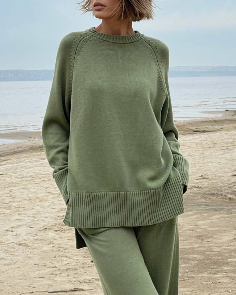 Solid color turtleneck knitted sweater and wide-leg trousers two-piece suit