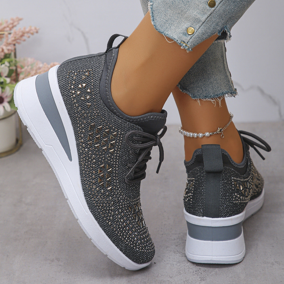 Rhinestones Woven Upper Hidden Heel lightweight walking shoes