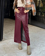 Wine Red Faux Leather Long Split Midi Skirt