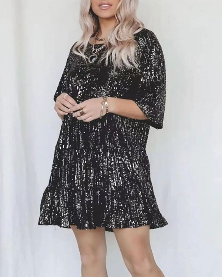 Robe taille ample à col rond et sequins