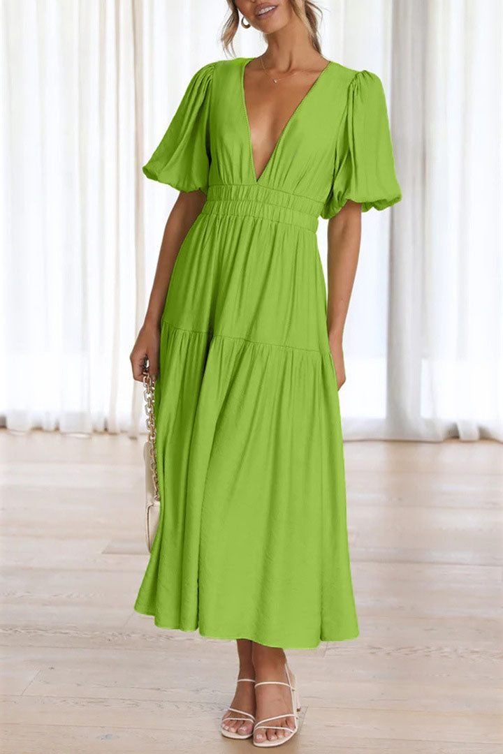 Vestido midi com manga lanterna e decote em V com cintura marcada
