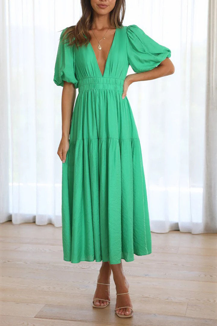 Vestido midi com manga lanterna e decote em V com cintura marcada