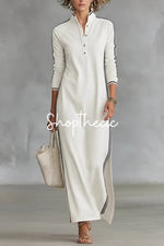 Minimalist White-trimmed Button-down Collar Sweatshirt Dress