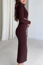 Solid color long sleeve high collar exposed waist hip slim dress