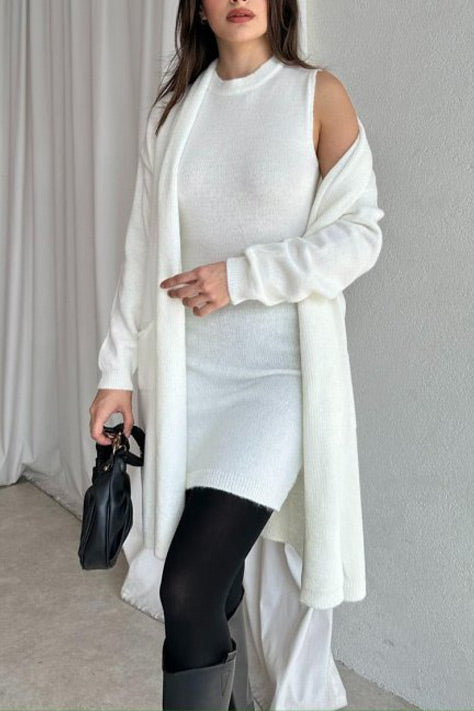 Solid color sleeveless round neck dress knitted cardigan two-piece set