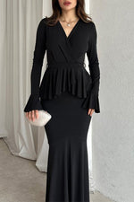 Solid color long-sleeved V-neck lace strappy hip Maxi dress