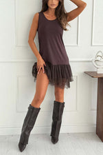 High-neck knit sweater lace-hemmed vest dress two-piece set