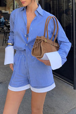 Colorblock Striped Shirt and Wide-Leg Shorts Two-Piece Set