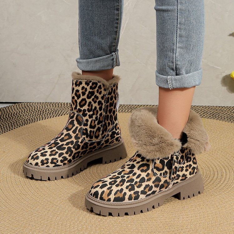 Sapatos de algodão com cano médio em veludo leopardo