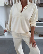 Button-down stand-up collar sweatshirt jacket and trousers Two-piece set