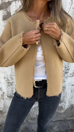 Round neck long-sleeved frosted edges woolen coat