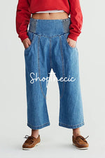 Washed drop-crotch mid-rise straight-leg harem cropped jeans