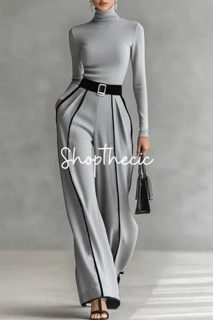 Black stand-up collar white contrasting trim knit top and wide-leg pants two-piece set