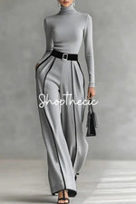 Black stand-up collar white contrasting trim knit top and wide-leg pants two-piece set
